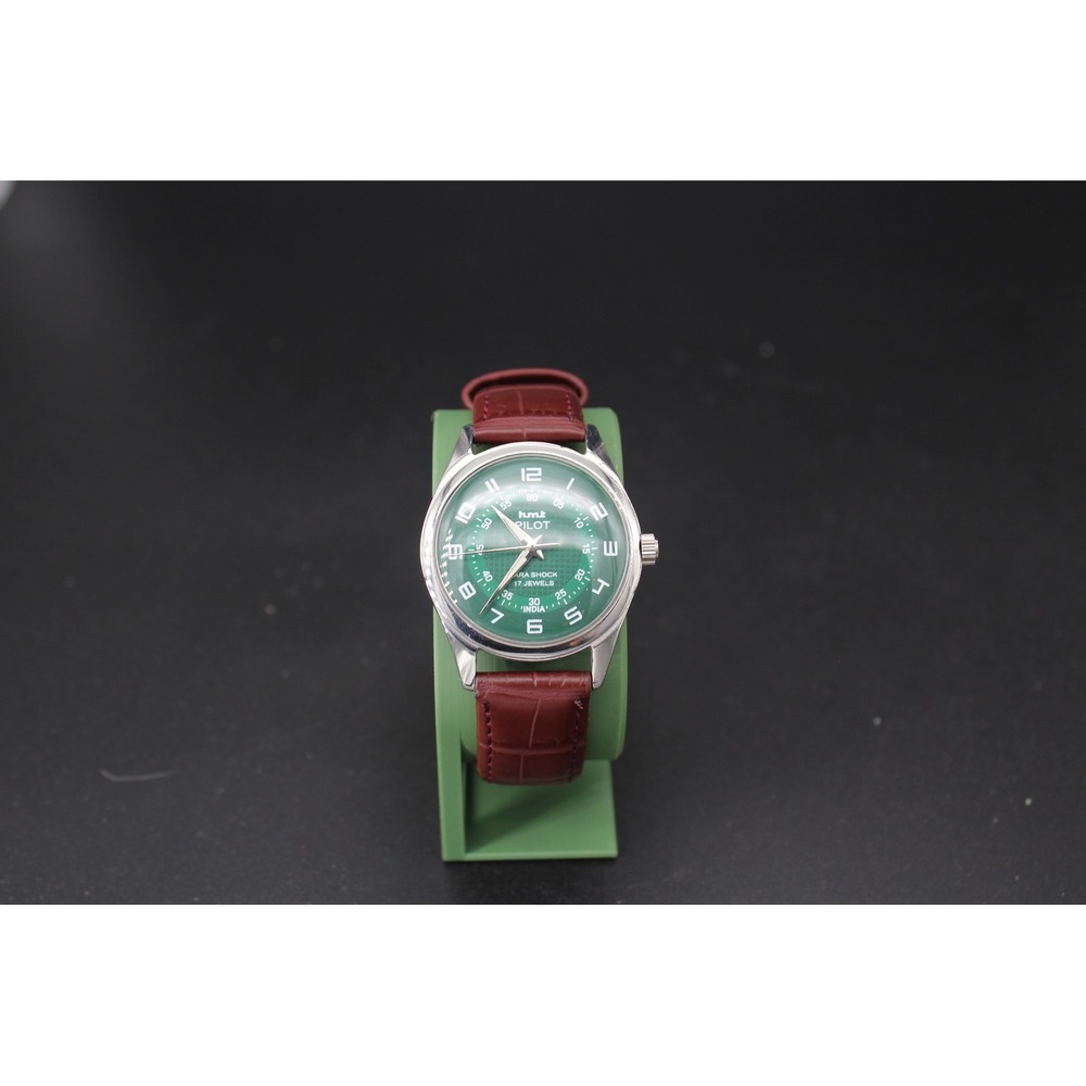HMT Pilot Mechanical Watch 17 Jewels Para Shock Green Dial Burgundy Strap